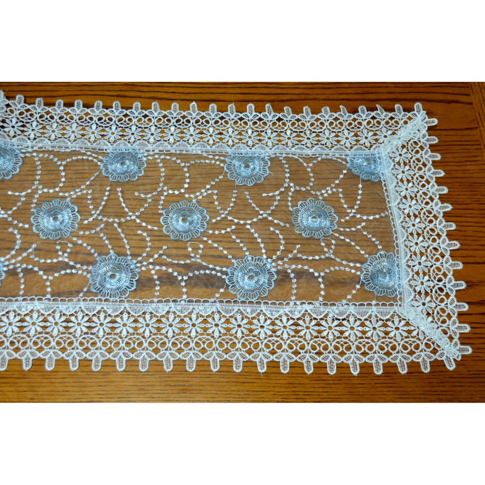 American Linen Chic White & Blue Lace Linen Table Runner Doily 16" x 72" New